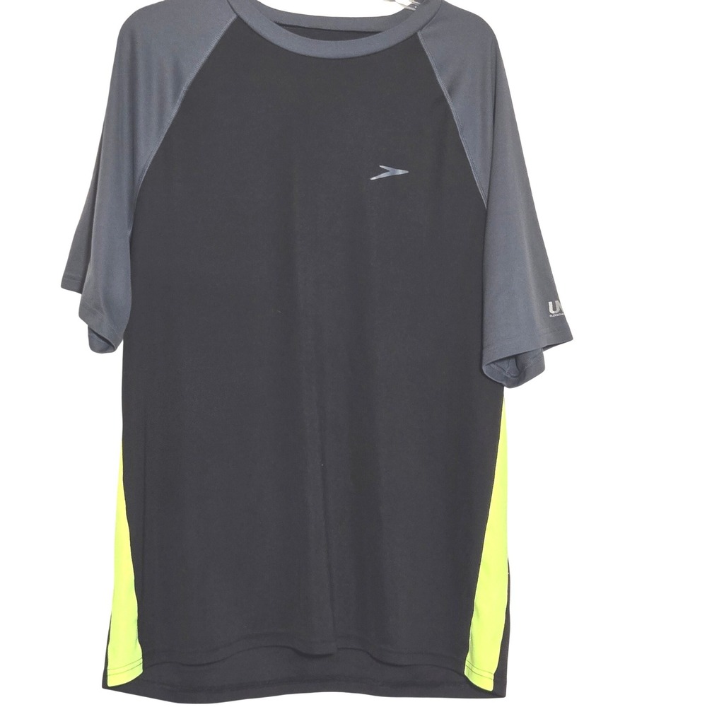 Speedo Mens XL Rash Guard Swim Shirt Grey Neon‎ Yellow Raglan Short Sleeve Beach